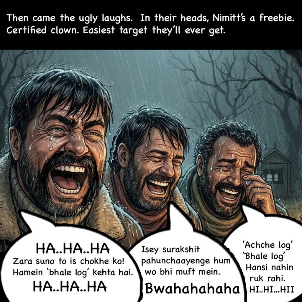 Three men laughing at Nimitt in the rain on a railway platform in Bhavaniganj