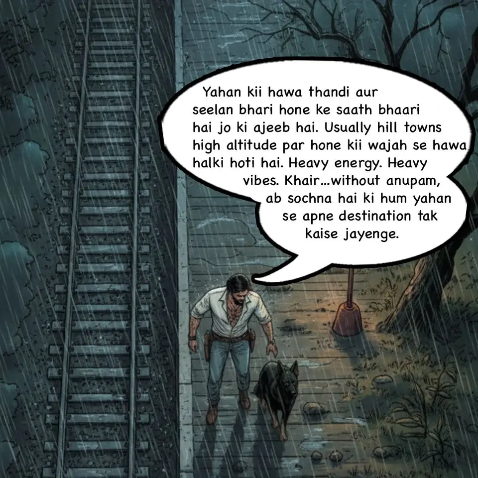 Nimitt and his dog Alpha confronting three men on a rainy railway platform in Bhavaniganj